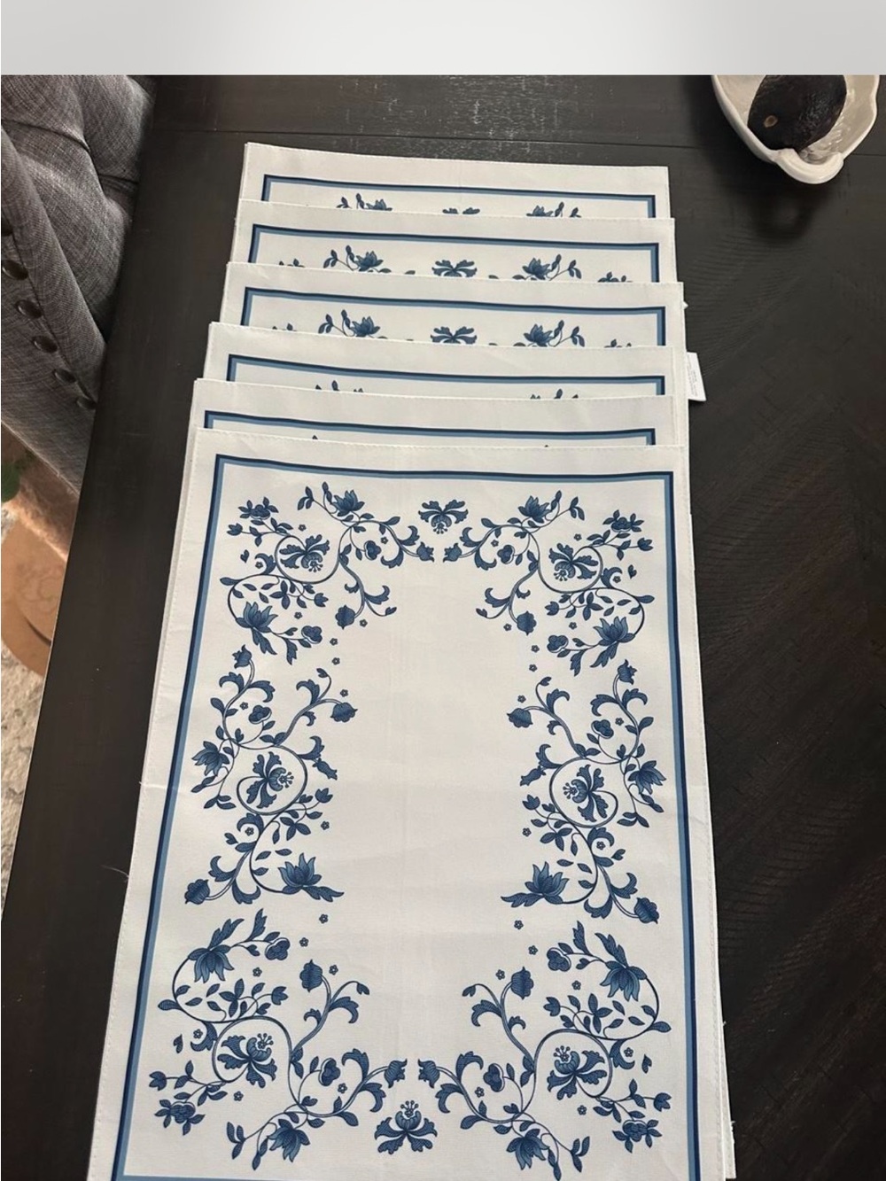 Spode White Table Runner with Blue Floral Scroll Border